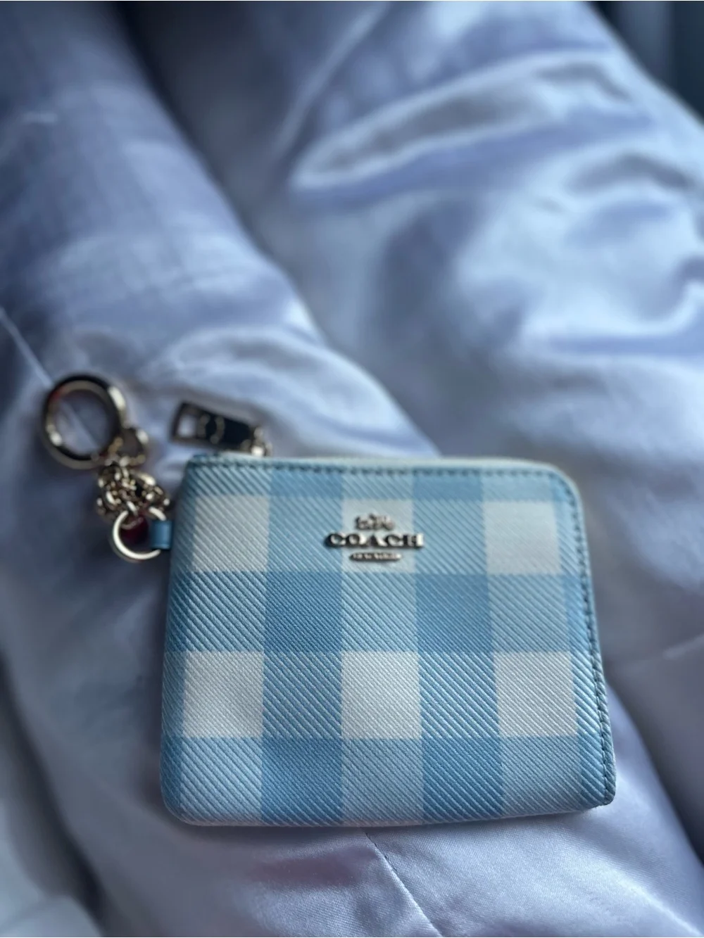 Coach Light Blue and White Gingham Zip Card Case